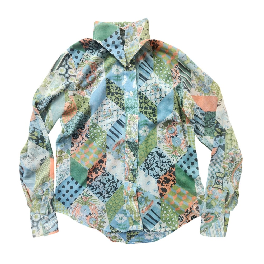 Dearborn Patchwork Print Shirt Womens 7/8 Multicolor  Vintage 70s Top‎ Excellent